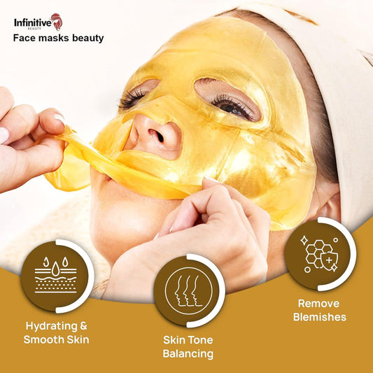 50 X Infinitive Beauty 24K Gold Collagen Crystal Face Mask – Anti-Aging Gel Sheet Mask For Wrinkles, Hydration, And Skin Firming, 10-Pack, Professional Facial Skincare Treatment