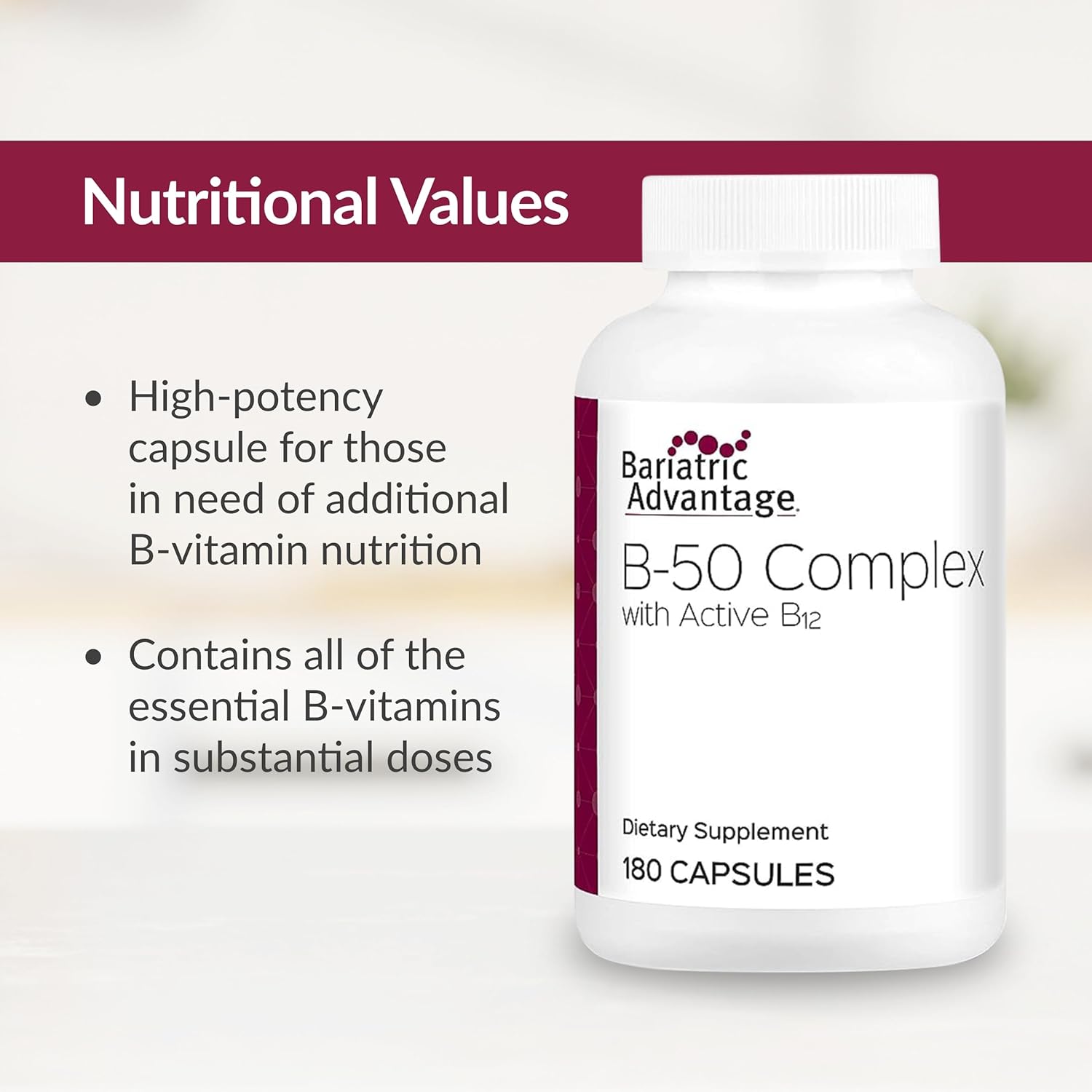 Bariatric Advantage B-50 Complex With Active B12, High Potency Supplement Containing All Essential B Vitamins With Choline, Inositol And Paba - 180 Count : Health & Household