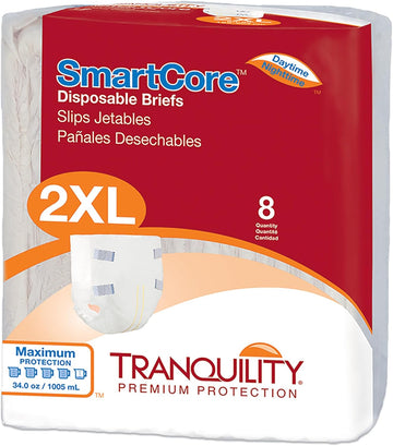 Tranquility Smartcore Adult Disposable Briefs, Incontinence Control With Breathable Kufguard Technology, Fastening Tabs& Wetness Indicator, Latex-Free, Adult Xx-Large, 34Oz Capacity, 8Ct Bag