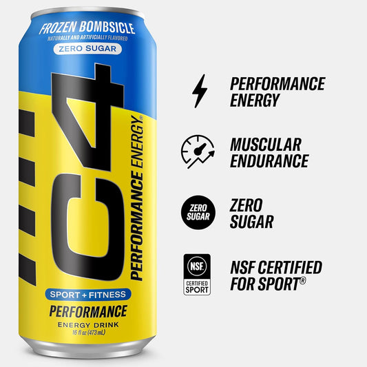 C4 Energy Drink 16Oz (Pack Of 12) - Frozen Bombsicle - Sugar Free Pre Workout Performance Drink With No Artificial Colors Or Dyes