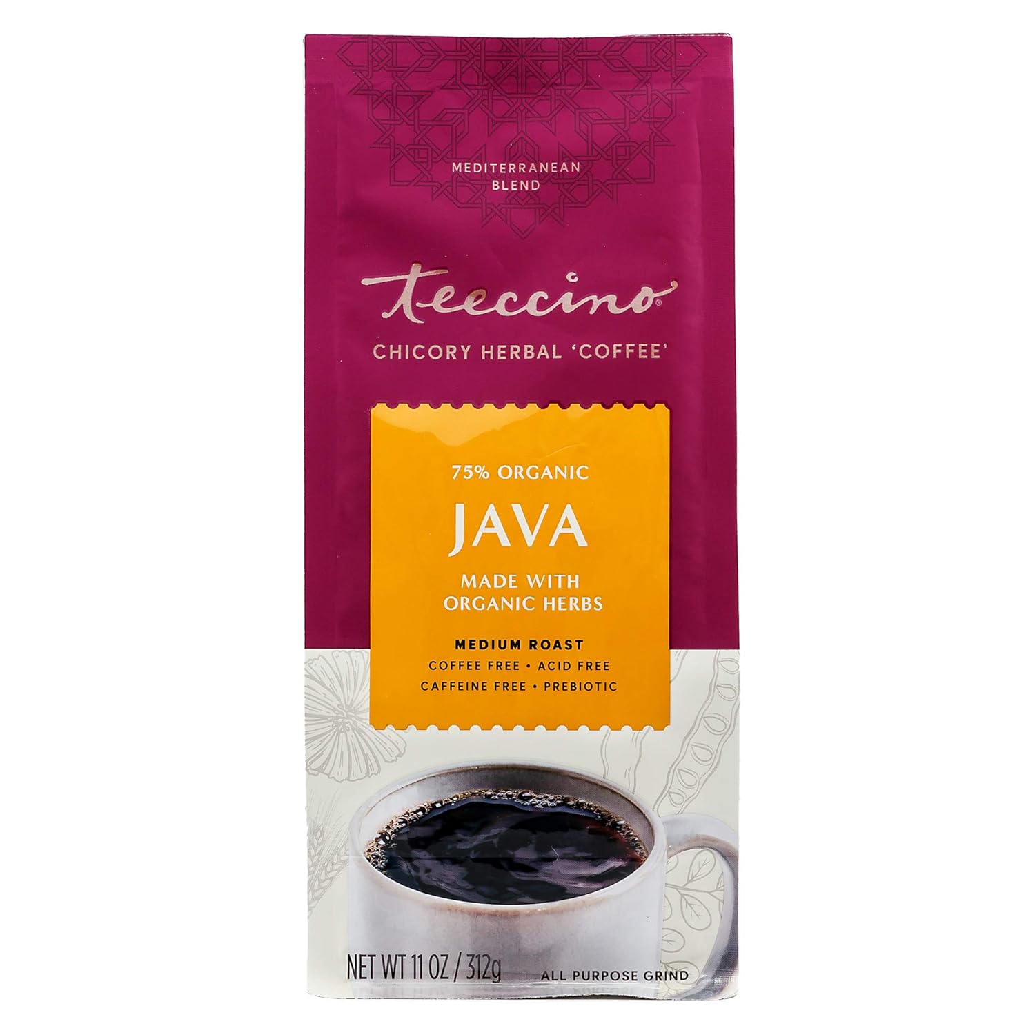 Teeccino Java Chicory Coffee Alternative - Ground Herbal Coffee That’S Prebiotic, Caffeine Free & Acid Free, Medium Roast, 11 Ounce