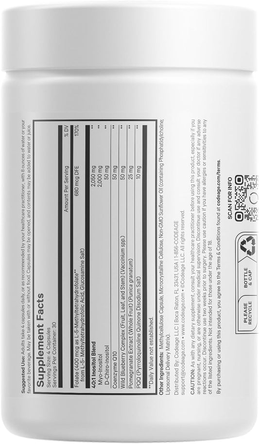 Codeage Pqq Ovarian Harmony - Myo-Inositol, D-Chiro-Inositol, Folate, Coq10 Phytosome & Pyrroloquinoline Quinone Supplement, 40:1 Blend For Hormonal Balance & Cellular Health, Non-Gmo, 120 Capsules