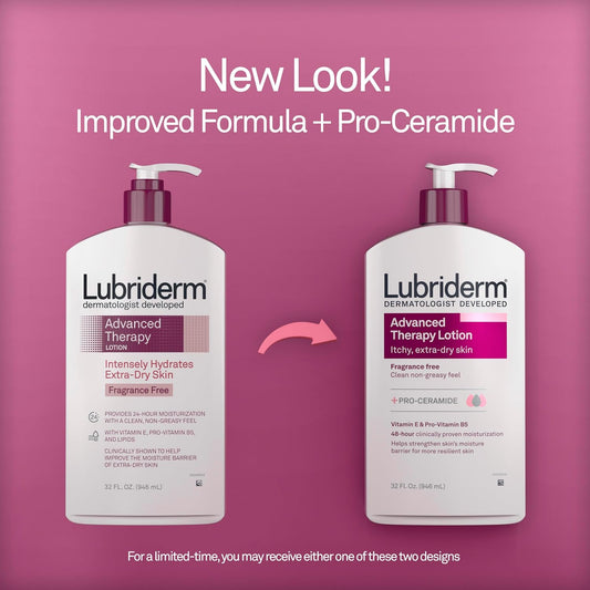 Lubriderm Advanced Therapy Moisturizing Hand And Body Lotion + Pro-Ceramide With Vitamin E And Pro-Vitamin B5, Non-Greasy, Fragrance-Free, Intense Hydration For Itchy, Extra Dry Skin, 32 Fl Oz