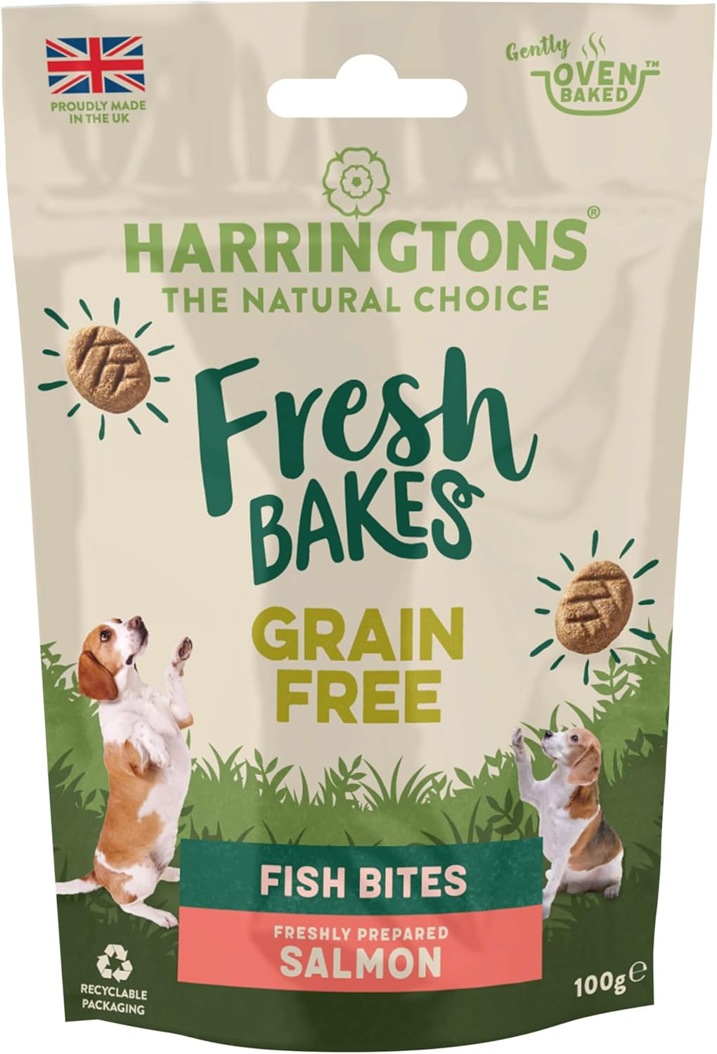 Harringtons Fresh Bakes Grain Free Baked Salmon Fish Bites Dog Treats 100g (Pack of 8) - Gently Oven Baked?HARRSALM-C100