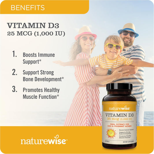 Naturewise Vitamin D3 1000Iu (25 Mcg) 1 Month Supply For Healthy Muscle Function, Bone Health And Immune Support, Non-Gmo, Gluten Free In Cold-Pressed Olive Oil, Packaging May V, 30 Count