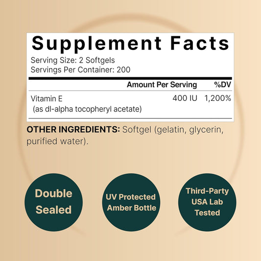 Naturebell Vitamin E Oil Softgels, 400Iu Per Serving, 400 Pills | Essential Antioxidant Supplements, Easily Absorbed Form – Supports Skin, Heart, & Immune Health – Non-Gmo