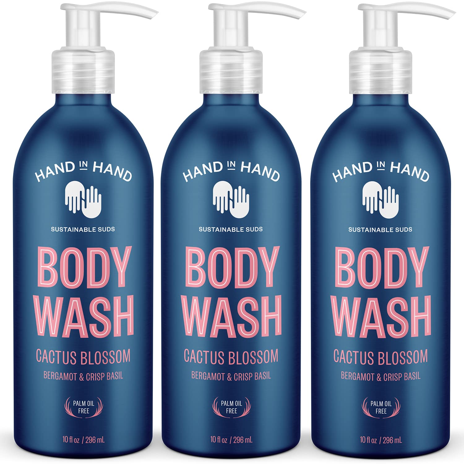 Hand In Hand Body Wash, Gentle Cleanser For All Skin Types, 10 Fl Oz, Bergamot & Crisp Basil, Cactus Blossom Scent, 3 Pack