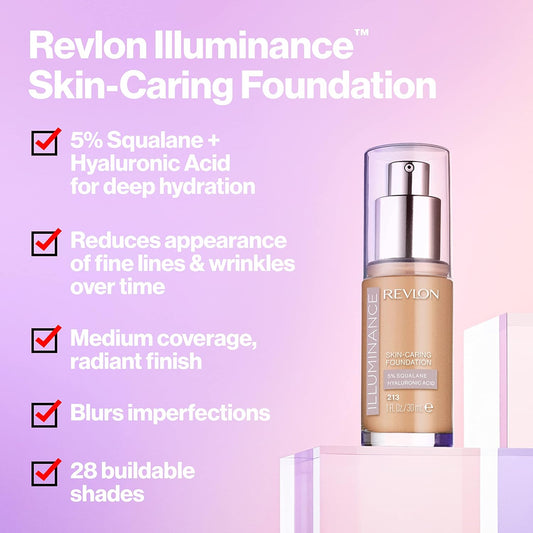 Revlon Illuminance Skin-Caring Liquid Foundation, Hyaluronic Acid, Hydrating And Nourishing Formula With Medium Coverage, 617 Ebony (Pack Of 1)