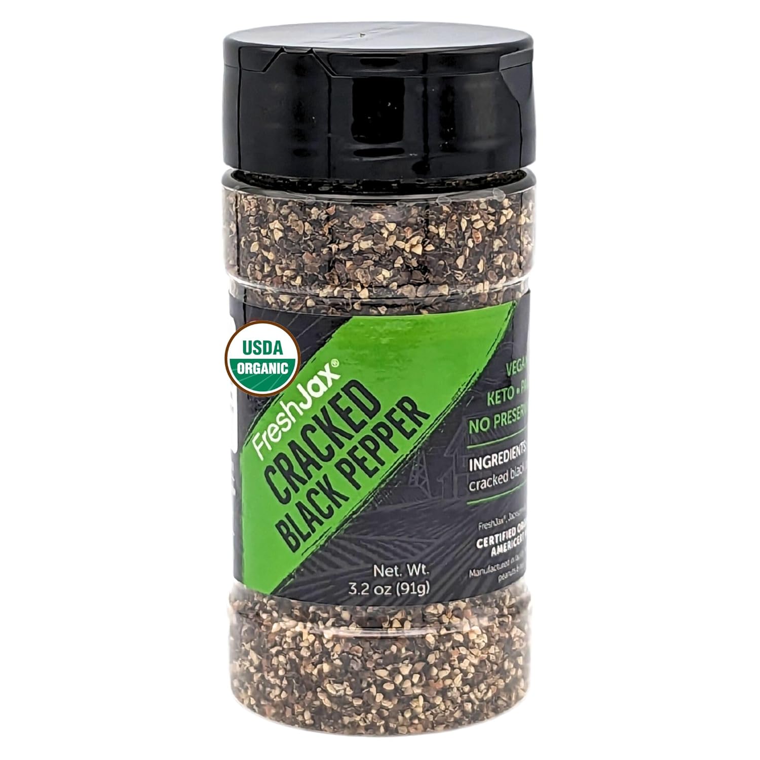 FreshJax Organic Cracked Black Peppercorns (3.2 oz Bottle) Certified Organic, Non GMO, Gluten Free, Keto, Paleo, No Preservatives Ground Cracked Black Pepper | Handcrafted in Jacksonville, Florida