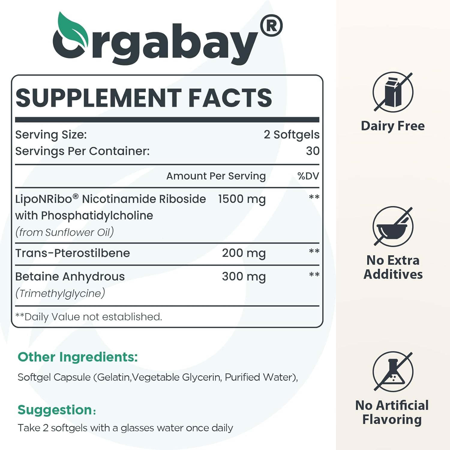 Orgabay Liposomal Nicotinamide Riboside 2000 Mg With Tmg And Pterostilbene, Boosting Nad+, Support Healthy Aging, 360 Count : Health & Household