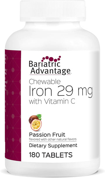 Bariatric Advantage Chewable Iron 29 mg - for Bariatric Surgery Patients - Iron with Vitamin C - No Iron Taste - Ferrous Fumarate & Carbonyl Iron Supplement - Passion Fruit - 180 Count