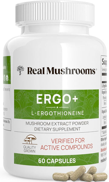 Real Mushrooms L-Ergothioneine, Golden Oyster Mushroom Extract (60Ct) Longevity, Immune Support & Brain Supplement Mushroom Blend With Beta Glucan - Organic, Vegan Mushroom Supplements