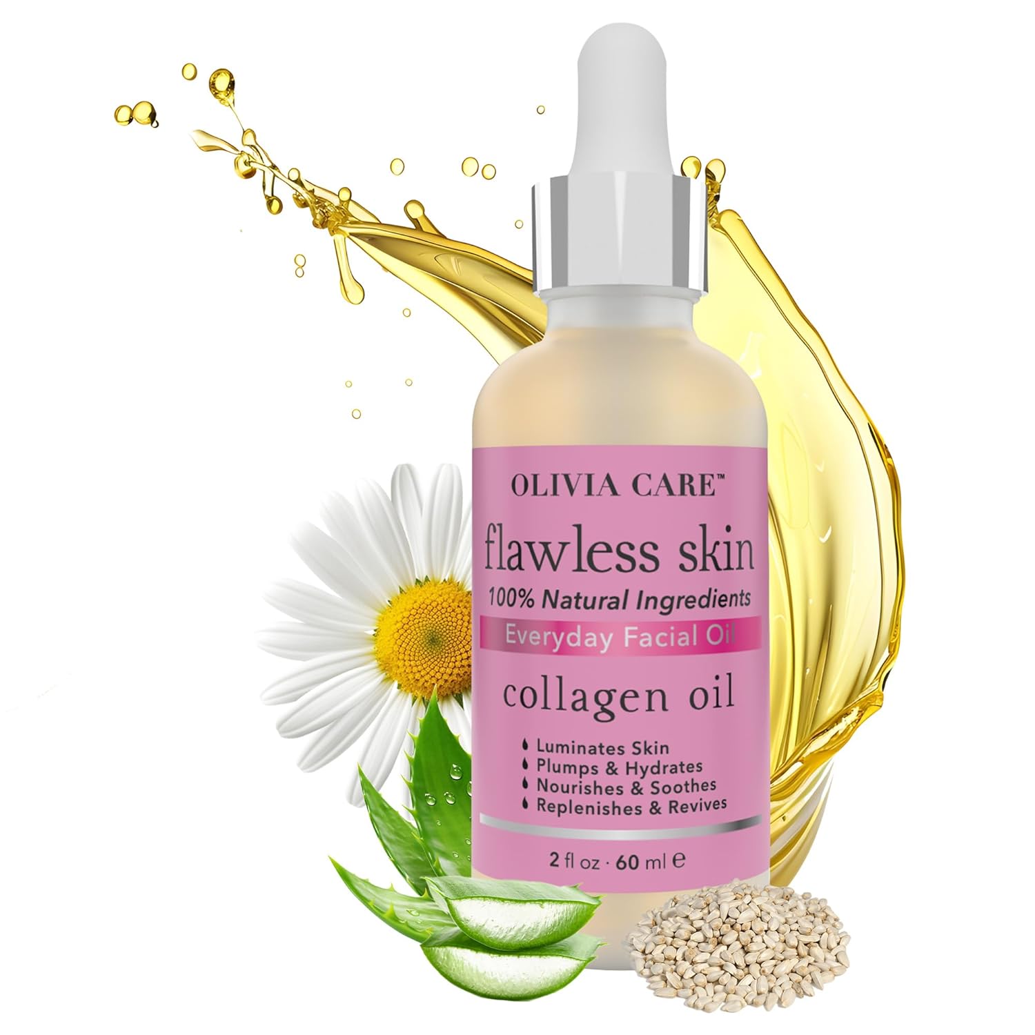 Olivia Care Collagen Facial Oil - Flawless Essential Facial Oil 100% Natural. Nourishing, Reviving & Hydrating Soothing - For All Skin Types - 2 Fl Oz (Collagen)