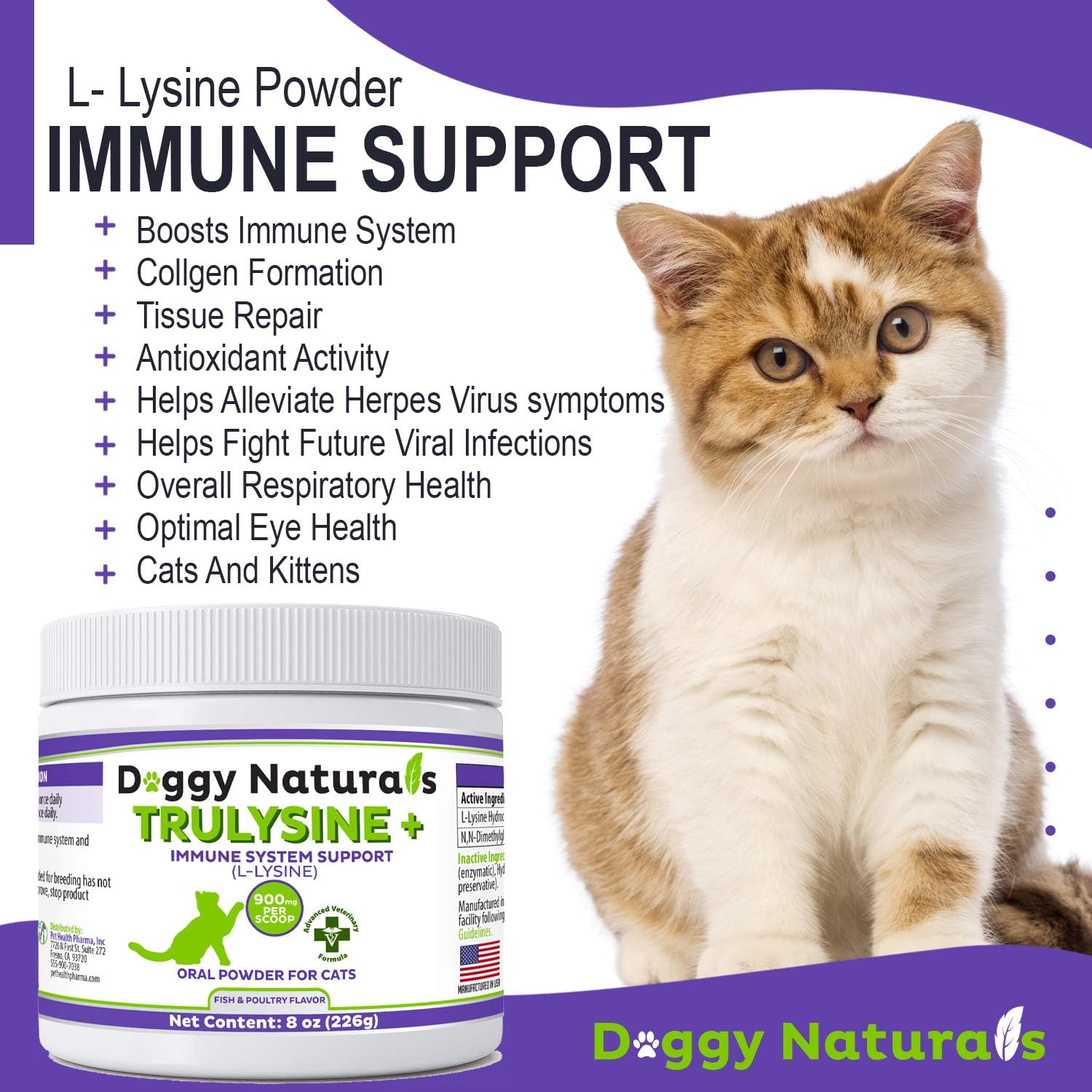 Trulysine Plus L-Lysine for Cats Immune Support Oral Powder 8oz/226g - Cats & Kittens of All Age, Sneezing, Runny Nose Squinting, Watery Eyes-Fish & Poultry Flavor (U.S.A)(225 Grams (900mg / Scoop)) : Pet Supplies