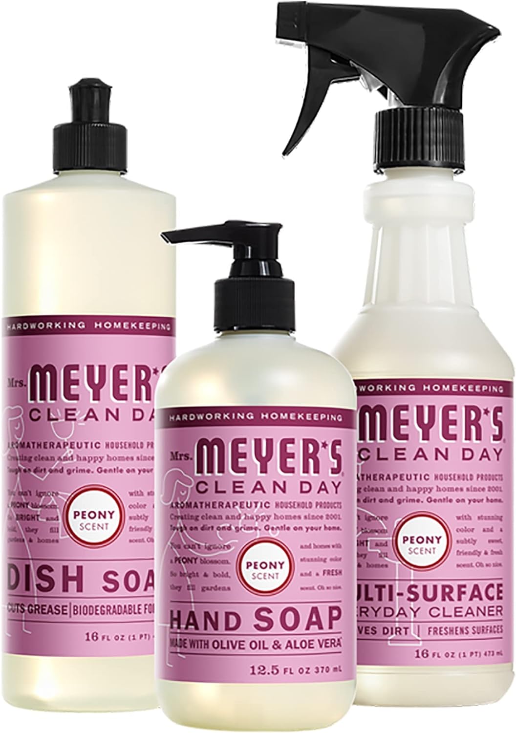 Mrs. Meyer's Kitchen Set, Dish Soap, Hand Soap, and Multi-Surface Cleaner, 3 CT (Peony)