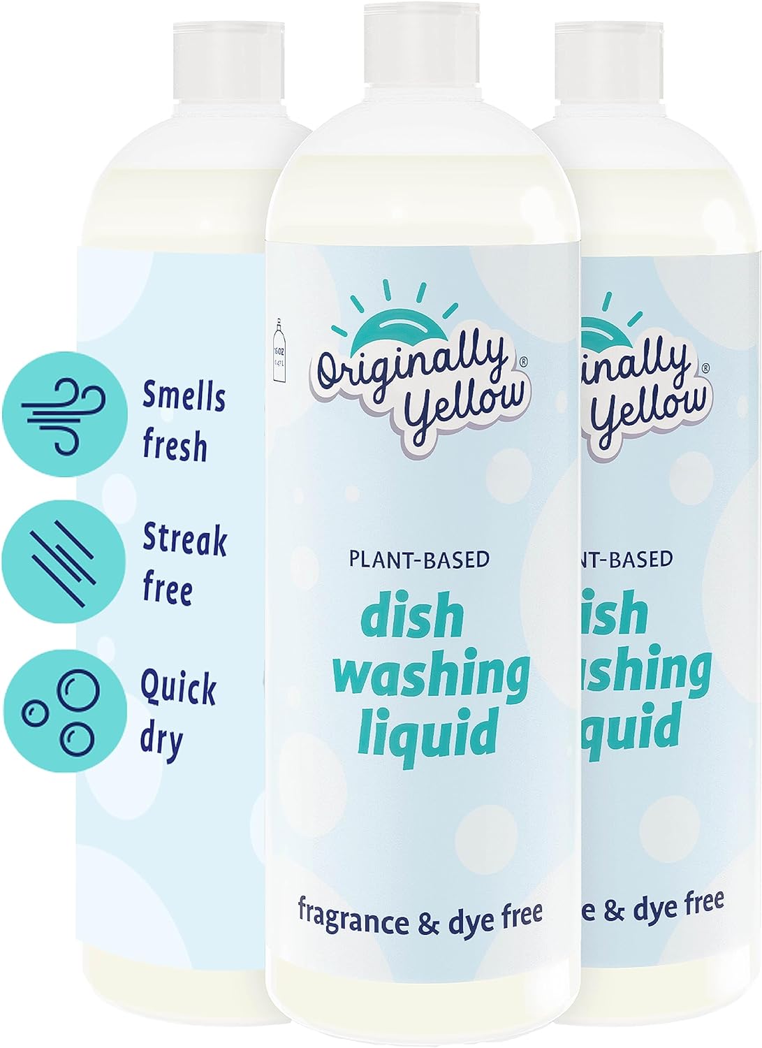 Originally Yellow Plant-Based Dish Soap Liquid | Fragrance and Dye-Free Dish Washing Liquid | Quick-Drying Dishwashing Liquid Removes Dirt and Grease | Streak-Free Daily Dish Soap, 16 Fl Oz (3-Pack)