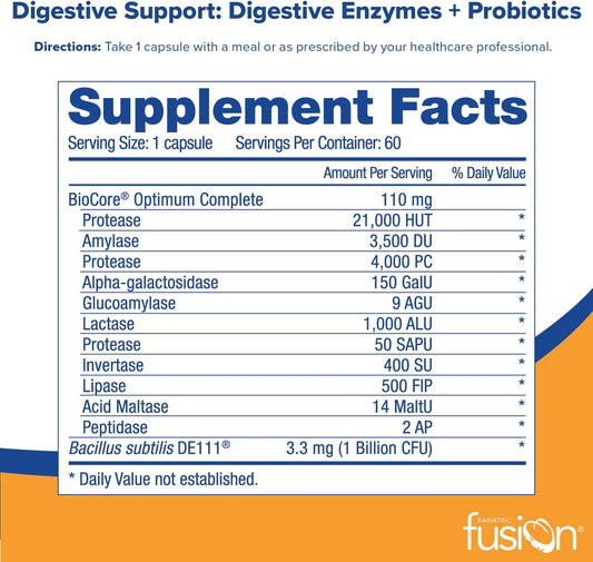 Bariatric Fusion Digestive Support: Digestive Enzymes With Probiotics | Vegan Supplement | Probiotics For Digestive Health And Gut Health Support | Gluten, Dairy & Gmo Free | 60 Capsules