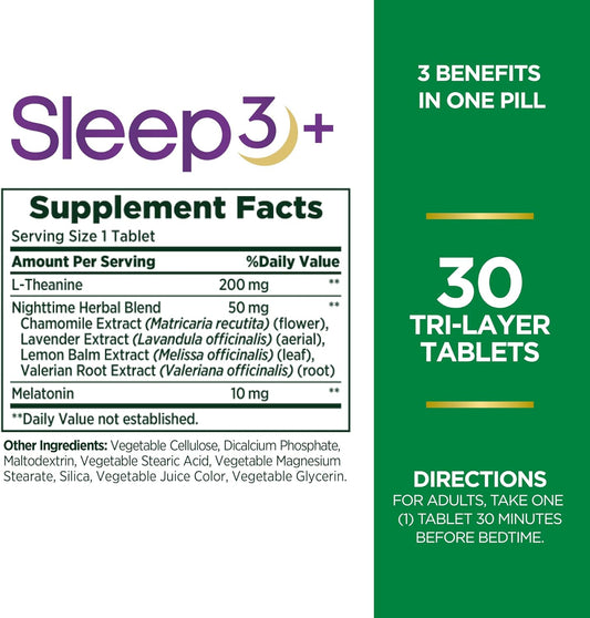 Nature'S Bounty Melatonin, Sleep3 Maximum Strength 100% Drug Free Sleep Aid, Dietary Supplement, L-Theanine & Nighttime Herbal Blend Time Release Technology, 10Mg, 30 Tri-Layered Tablets