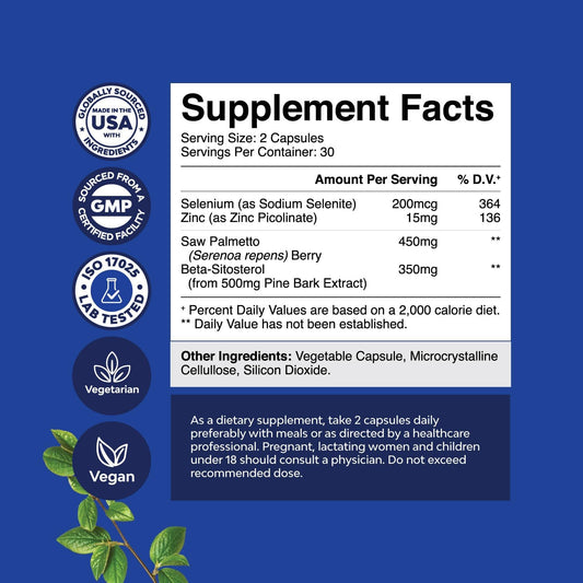 Saw Palmetto for Men with Beta Sitosterol - Saw Palmetto Extract Prostate Support Supplement for Men's Health & Better Bladder Control plus Thickening Hair Supplement for Hair Growth for Men - 60ct