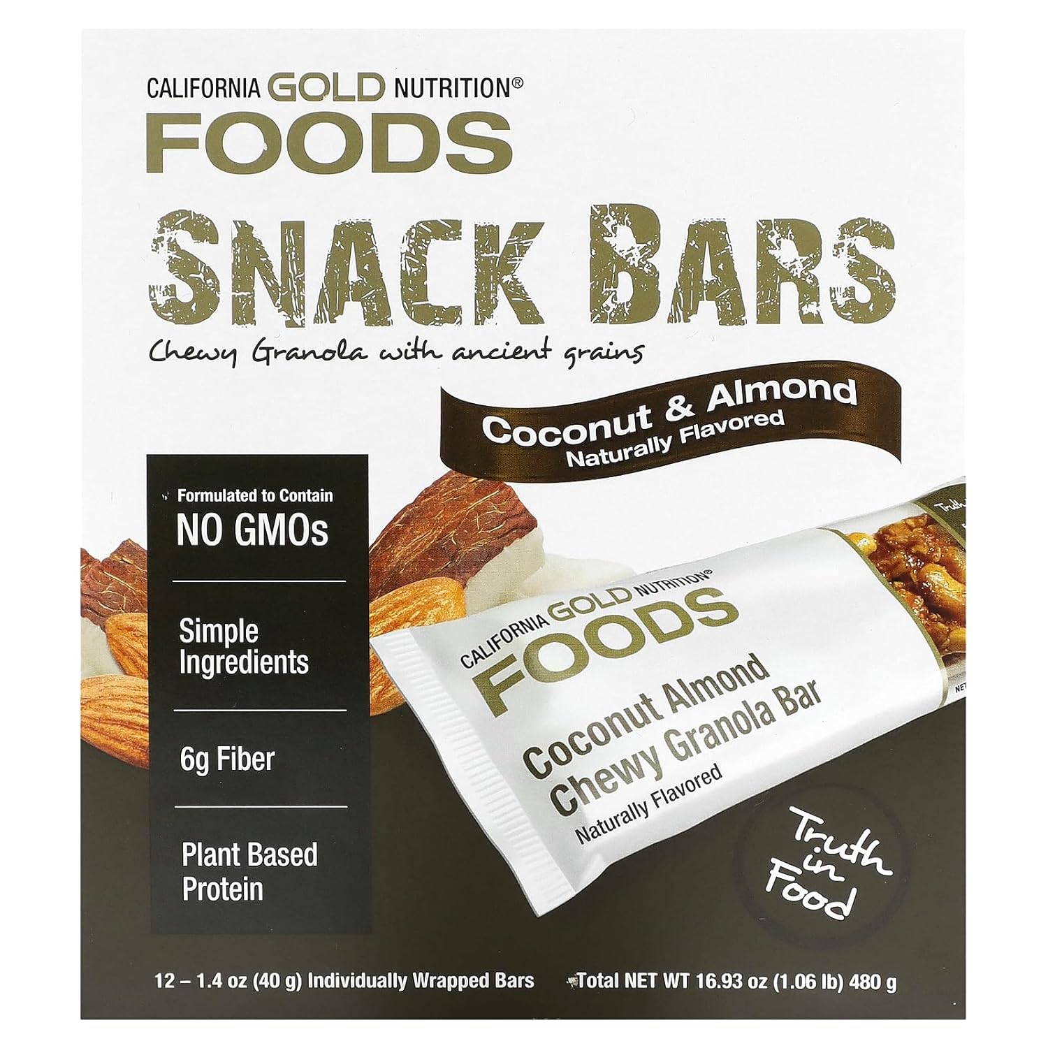 California Gold Nutrition Foods, Coconut Almond Chewy Granola Bars, 12 Bars, 1.4 Oz (40 G) Each