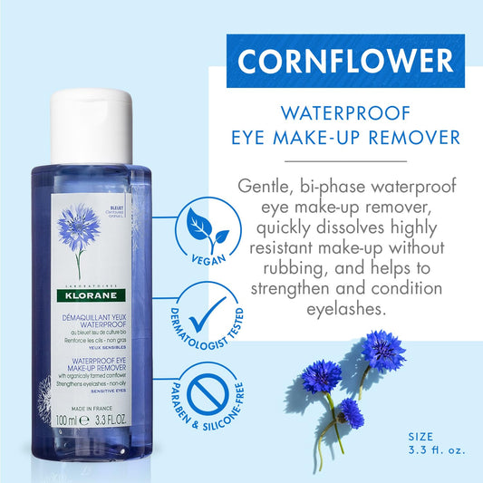 Klorane - Waterproof Eye Makeup Remover With Organically Farmed Cornflower - Sensitive Skin Approved -Fragrance Free & Paraben-Free - Vegan - 3.4 fl. oz