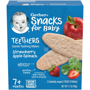 Gerber Snacks for Baby Teethers, Gentle Teething Wafers, Strawberry Apple Spinach, 1.7 Ounce, 12 Count Box