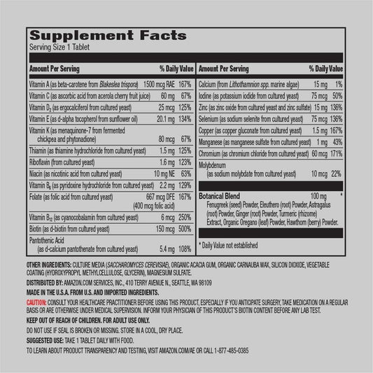 Amazon Elements Mens One Daily Multivitamin, 62% Whole Food Cultured, Vegan, 65 Tablets, 2 Month Supply (Packaging May Vary)