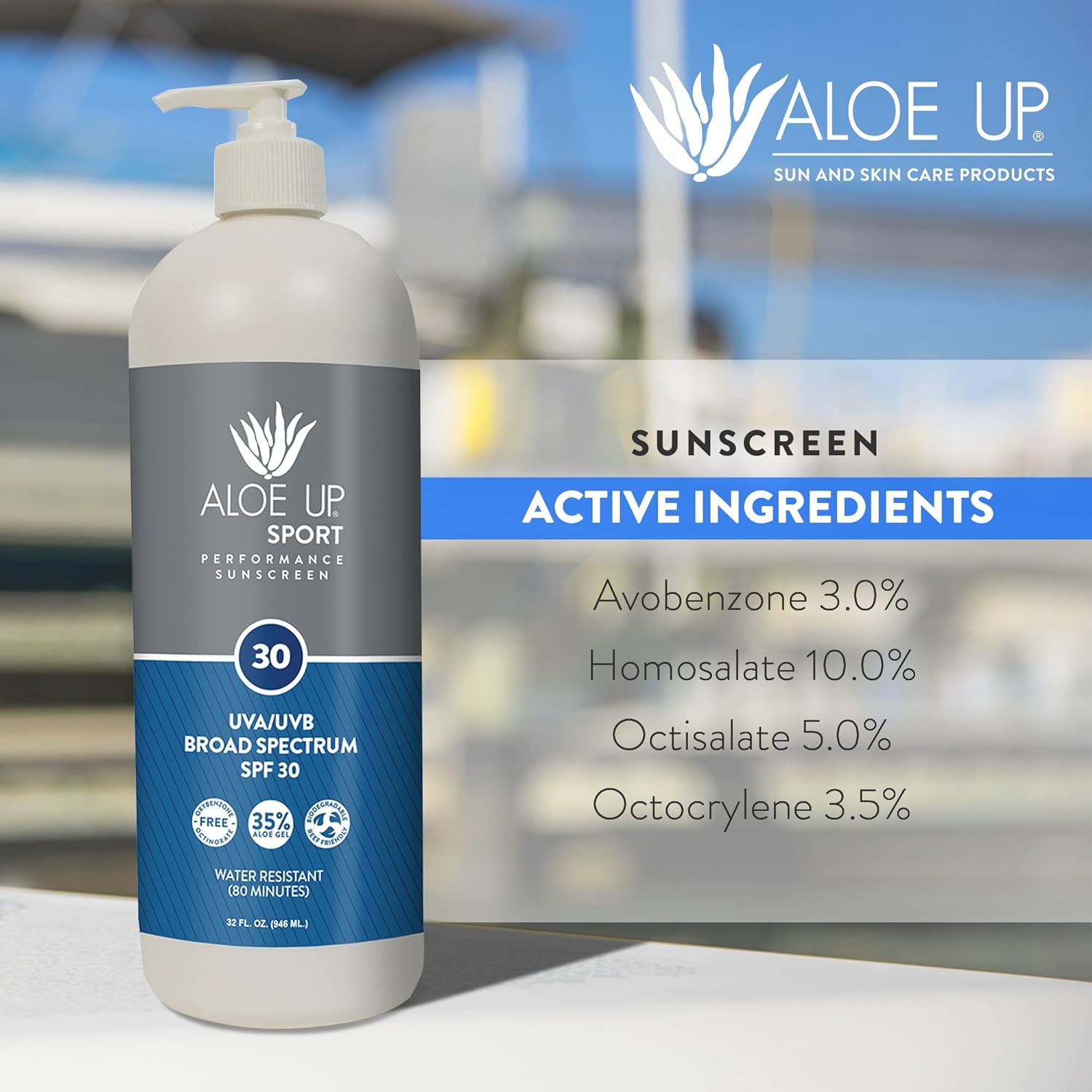 Aloe Up Sport Sunscreen Lotion SPF 30 - Broad Spectrum UVA/UVB Sunscreen Protector for Face and Body With Hydrating Aloe Vera Gel Non-Greasy No White Cast Reef Safe Fragrance-Free - 32 Oz. : Beauty & Personal Care