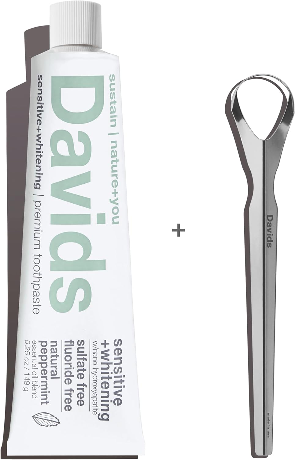 Davids Nano Hydroxyapatite Toothpaste and Tongue Scraper Bundle, Remineralize Enamel, Sensitive Relief & Teeth Whitening - Antiplaque, Fluoride Free, SLS Free, Peppermint, 5.25oz, Made in USA