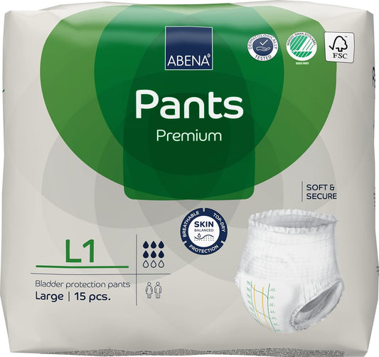 Abena Pants Premium Pull-Up Incontinence Pants, Eco-Labelled Incontinence Pants for Men & Women, Discreet, Protective, Breathable, Comfortable - Large 1, 100-140cm Waist, 1400ml Absorbency, 15PK