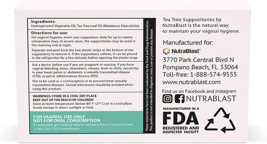 Nutrablast Tea Tree Oil Suppositories (12 Count) | All Natural Intimate Deodorant For Women | Restore Feminine Balance | Made In Usa