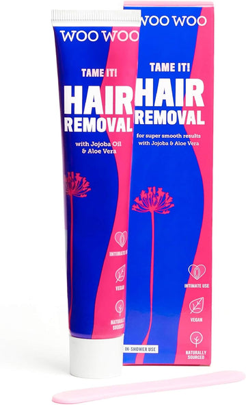 Woowoo Tame It! Natural Intimate Hair Removal Cream - Painless Vegan Hair Remover For Sensitive Skin - Depilatory For Genitals, Bikini, Legs & Bum - Women In-Shower Cream With Aloe Vera - 50Ml