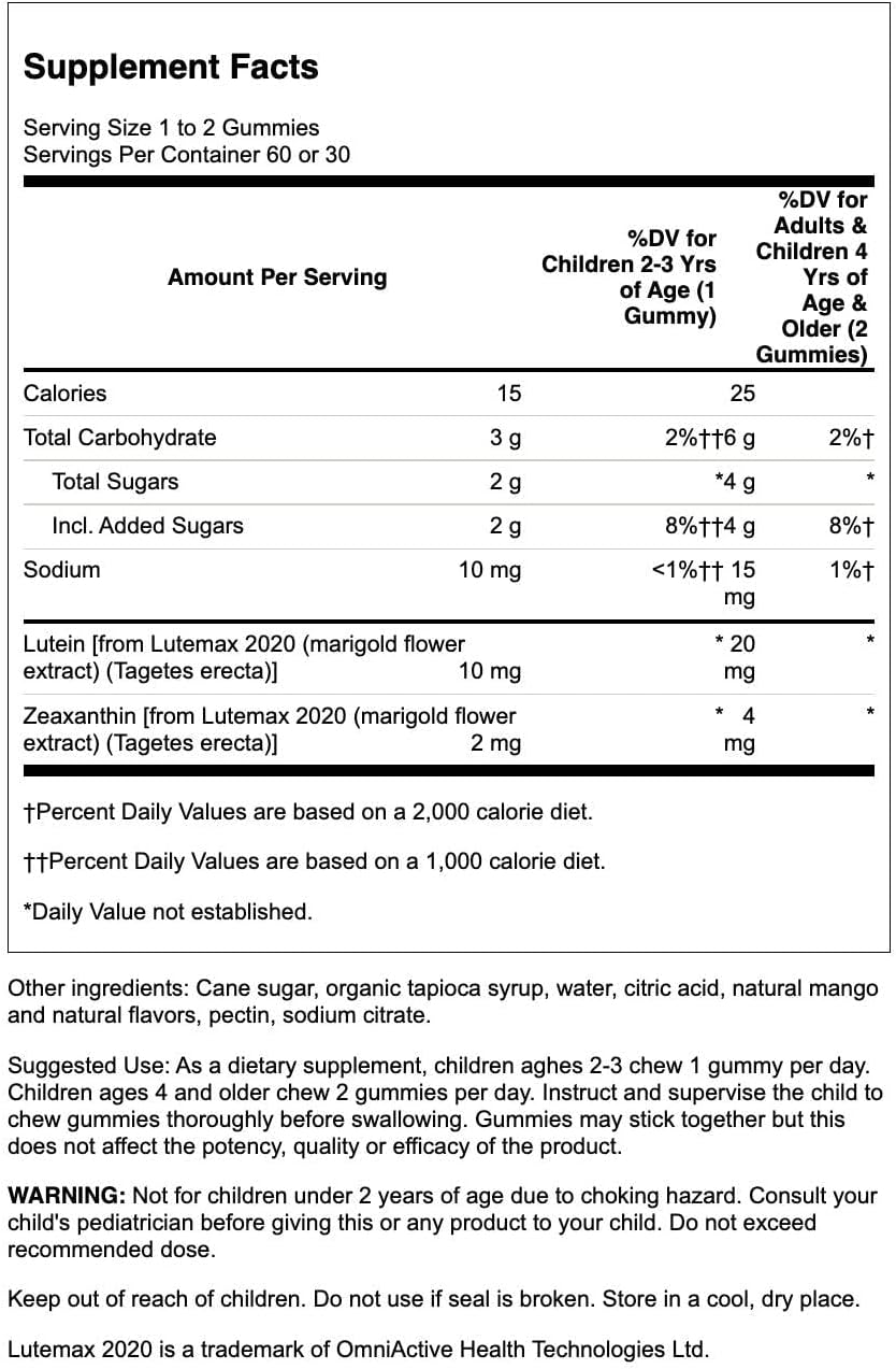 Swanson Kids Mango Lutein & Zeaxanthin Gummies - Vegan Vision Supplement Promoting Retinal & Macular Health - Helps to Support Eye Fatigue, Eye Strain, & Overall Vision Health - (60 Gummies) (4 Pack)