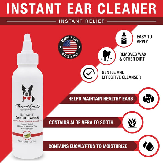 Warren London Instant Ear Cleaner for Cat & Dog with Aloe and Eucalyptus to Clean, Soothe, Control Odor, and Prevent Irritation | Ear Itching Essential I Made USA | 4oz
