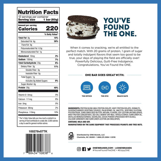 One Protein Bars, Cookies & Creme, Gluten Free Protein Bars With 20G Protein And 1G Sugar, Pantry Staples, 2.12 Oz (12 Count)