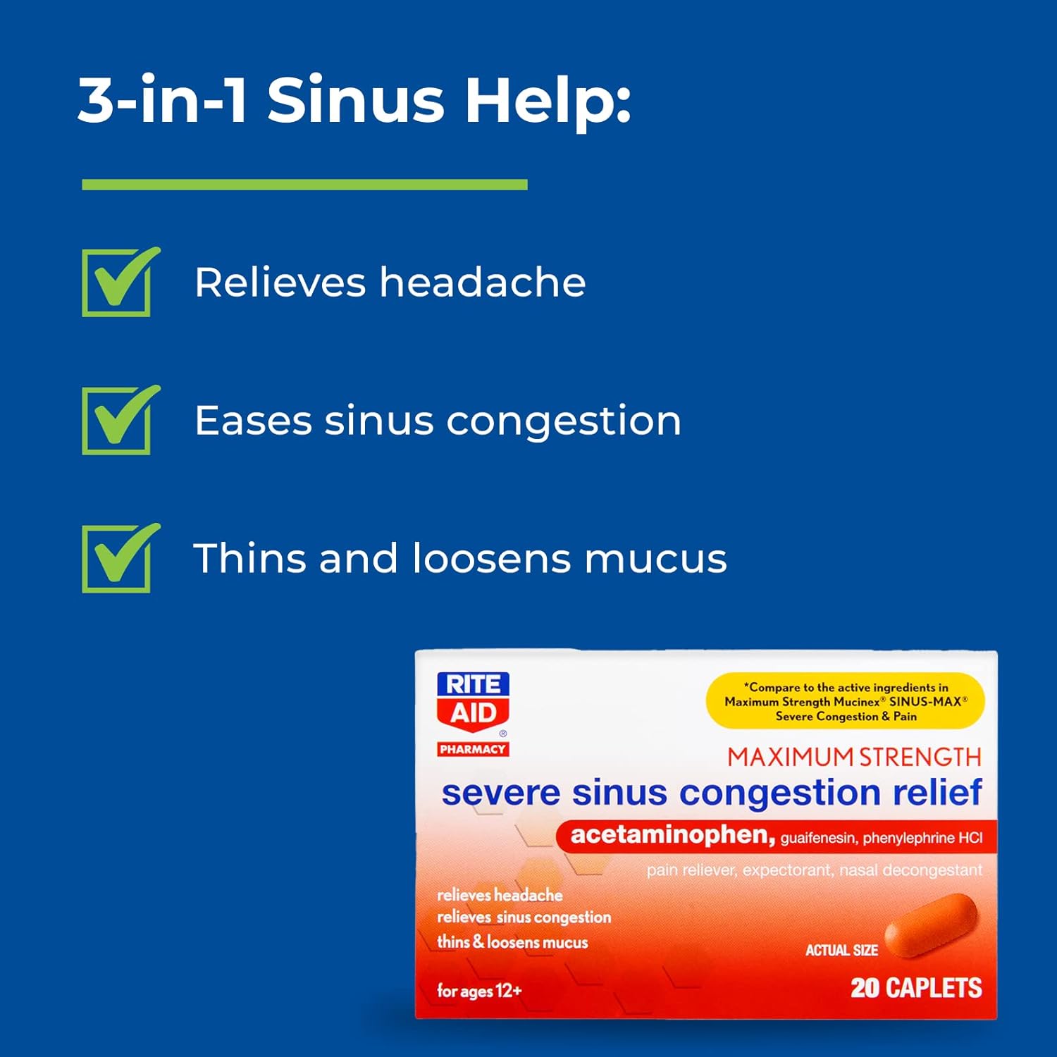 Rite Aid Severe Sinus Medicine and Nasal Decongestant, Maximum Strength - 20 Caplets | Sinus Relief | Pain Relief | Multi-Symptom Cold and Flu Medicine | Severe Cold & Sinus Medicine for Adults : Health & Household