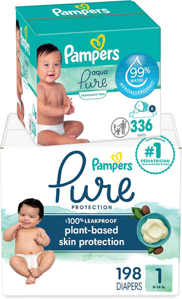 Pampers Pure Protection Disposable Baby Diapers Size 1, One Month Supply (198 Count) With Aqua Pure Baby Wipes, 6X Pop-Top Packs (336 Count)