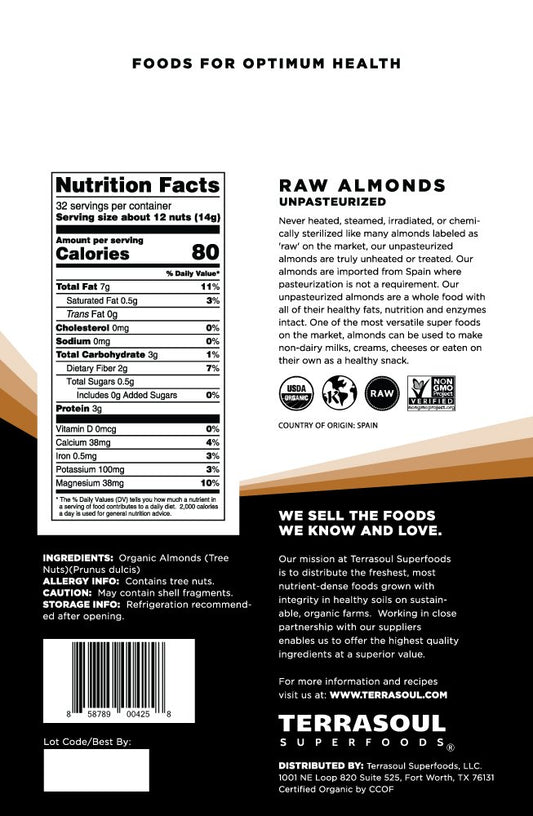 Terrasoul Superfoods Raw Unpasteurized Organic Almonds (Sproutable), 1 Pound