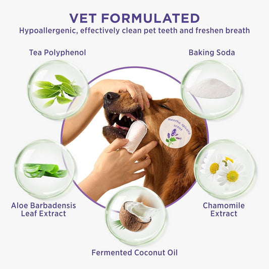 Teeth Cleaning Wipes For Dogs & Cats, Remove Bad Breath By Removing Plaque And Tartar Buildup, Disposable Dog Finger Toothbrush Gentle Pet Dental Care Wipes, 50 Counts, (Mentha Spicata Scent)
