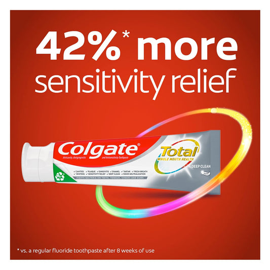 Colgate Total Toothpaste with Stannous Fluoride and Zinc, Multi Benefit Toothpaste with Sensitivity Relief and Cavity Protection, Deep Clean - 4.8 Ounce (4 Pack)