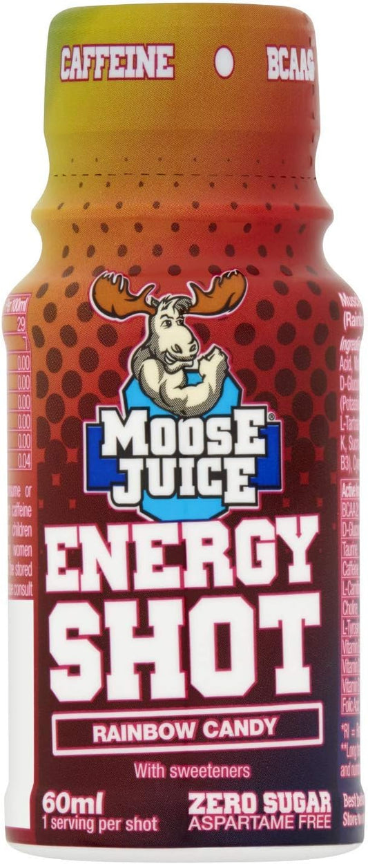 Muscle Moose – Moose Juice Energy Shots | Caffeine Drink, Bcaa & B Vitamins, Zero Sugar, Aspartame-Free, Rainbow Candy, 60Ml (12 Shots)