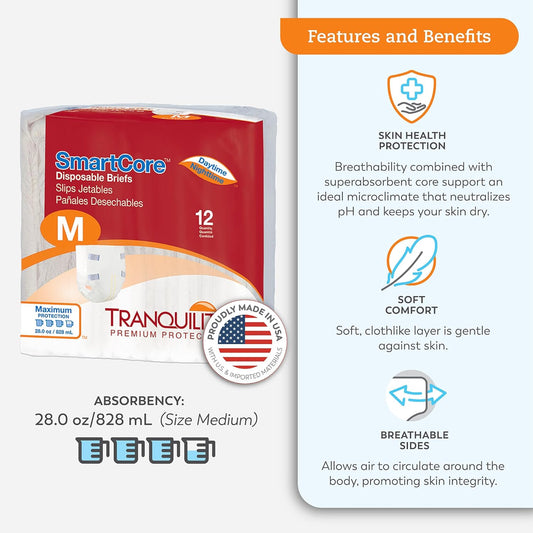 Tranquility Smartcore Adult Disposable Briefs, Adult Medium, Incontinence Control With Breathable Kufguard Technology, Fastening Tabs & Wetness Indicator, Latex-Free, 28Oz Capacity, 12Ct Bag