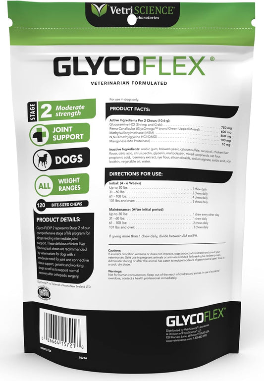 VetriScience Glycoflex 2 Hip and Joint Supplement for Working and Active Dog Breeds, Chicken, 120 Chews - Joint and Mobility Support for Competitive and Maturing Dogs