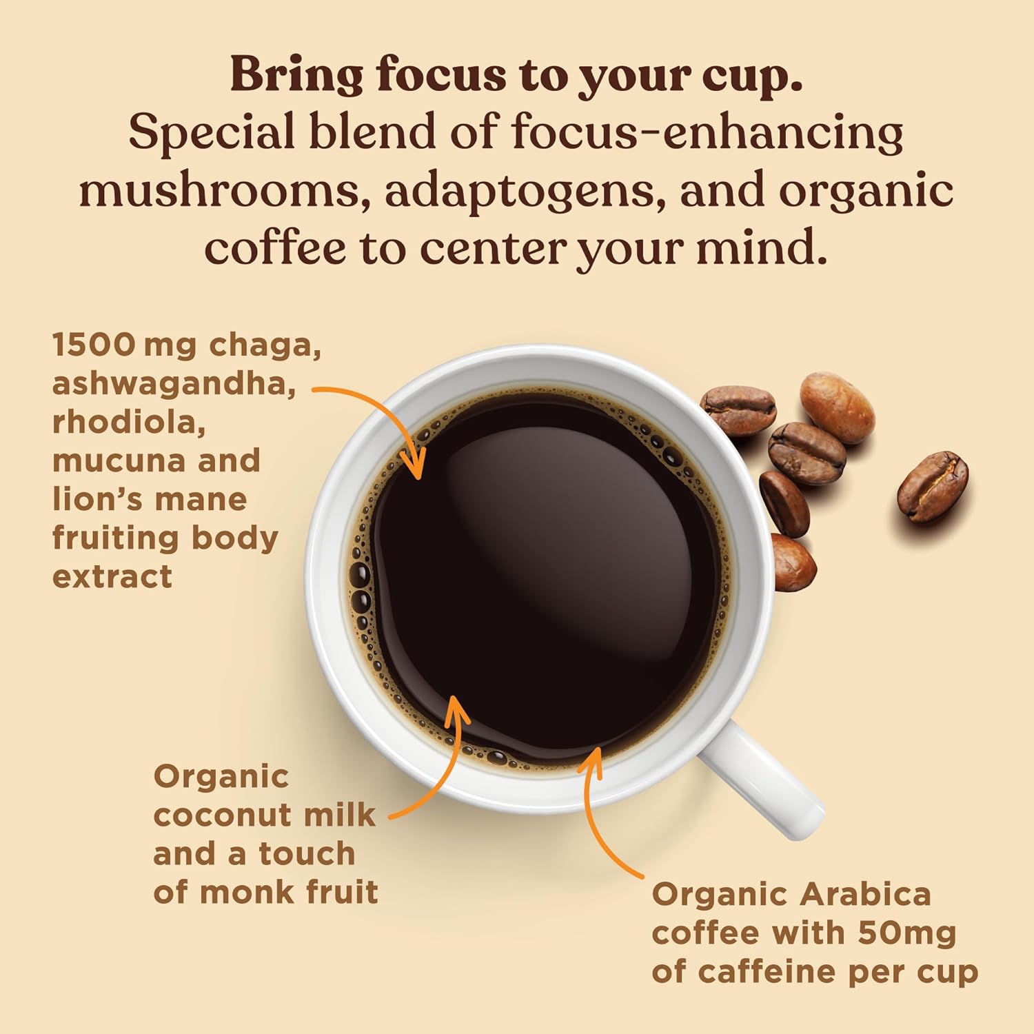 Focus Organic Mushroom Coffee Latte by Four Sigmatic | 1500mg Adaptogens per Serving | Lion's Mane, Chaga, Rhodiola, Ashwagandha & Mucuna for Energy, Focus, Positivity & Immune Support | 30 Servings : Grocery & Gourmet Food