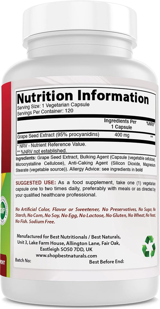 Best Naturals Grape Seed Extract 400 mg Veggie Capsule, 120 Count