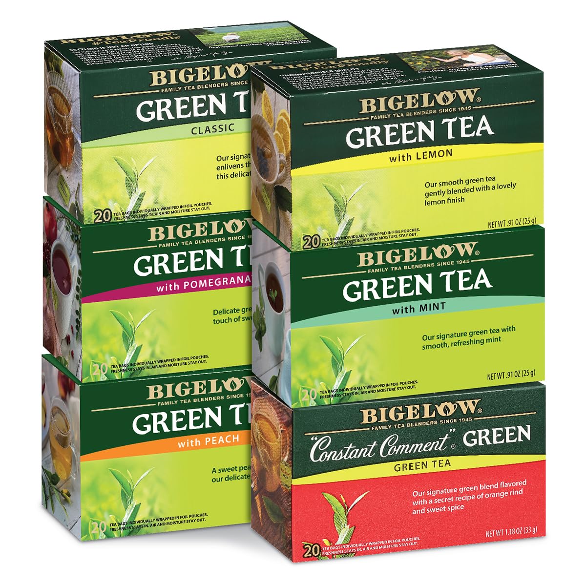 Bigelow Tea Green Tea Variety Pack, Classic Green Tea, Lemon, Pomegranate, Mint, Peach And Constant Comment Flavors, 20 Count Box (Pack Of 6), 120 Total Tea Bags