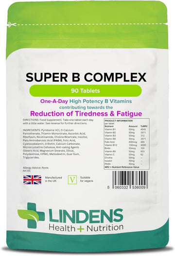 Lindens Super B Complex Vitamin Tablets - 90 Pack - with a Full Spectrum of B Vitamins and Vitamin C - Reduces Tiredness and Fatigue - UK Manufacturer, Letterbox Friendly