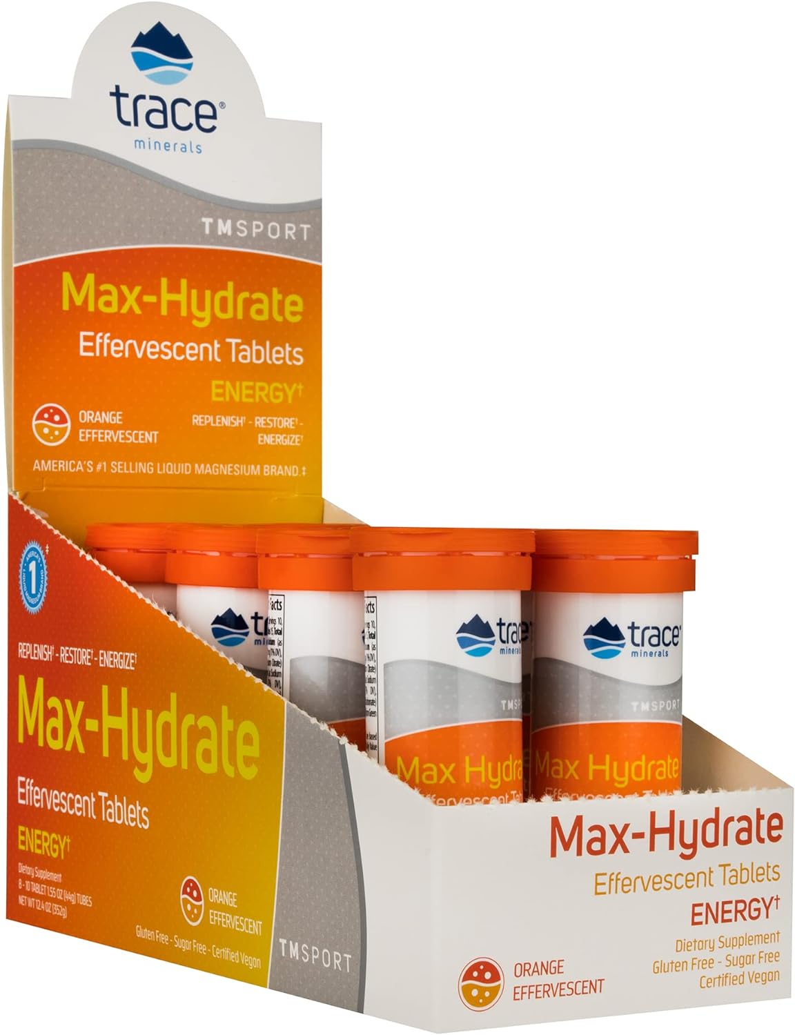 Trace Minerals | Max-Hydrate Endurance | Effervescent Tablets | Energy Support | Replenishes Electrolytes & Helps Avoid Muscle Cramps And Muscle Fatigue | Orange Avor | 8 X 10 Tabs