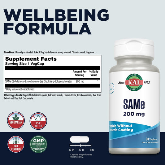 Kal Same 200Mg (S-Adenosyl-L-Methionine), Nervous System, Wellbeing And Mood Support Supplement, Enhanced Absorption, No Enteric Coating Needed, Vegetarian, 60-Day Guarantee, 30 Serv, 30 Vegcaps