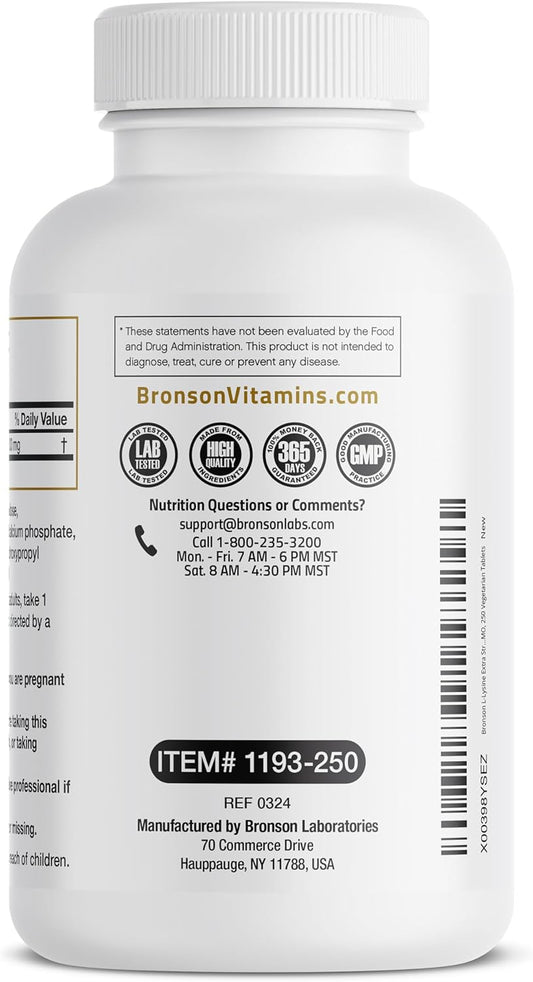 Bronson L-Lysine Extra Strength 1000 Mg Per Tablet High Potency, Immune Support & Supports Collagen Synthesis, Non-Gmo, 250 Vegetarian Tablets